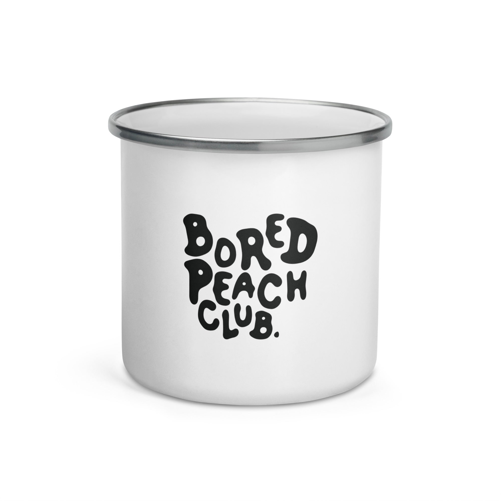 White enamel mug with the Bored Peach Club logo