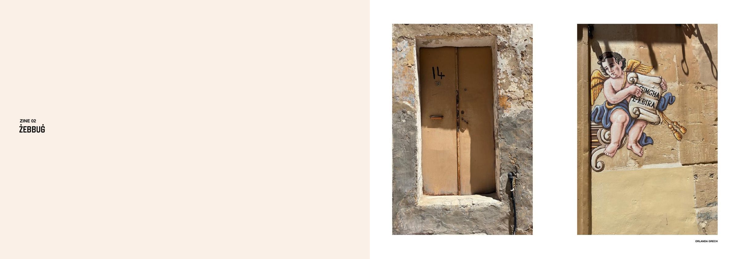 Zine spread: Żebbuġ chapter opener beside a weathered door and a painted cherub