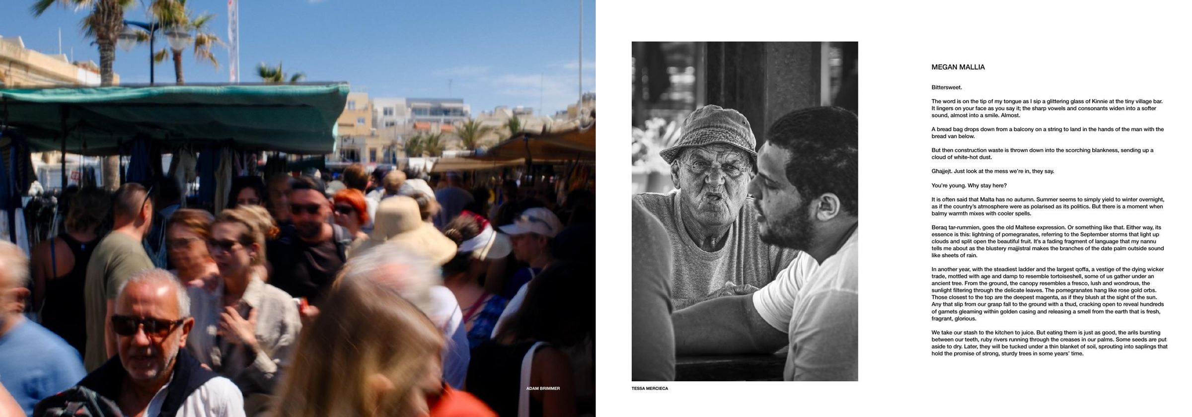 Zine spread: a crowded market and a black-and-white portrait, with Megan Mallia's text