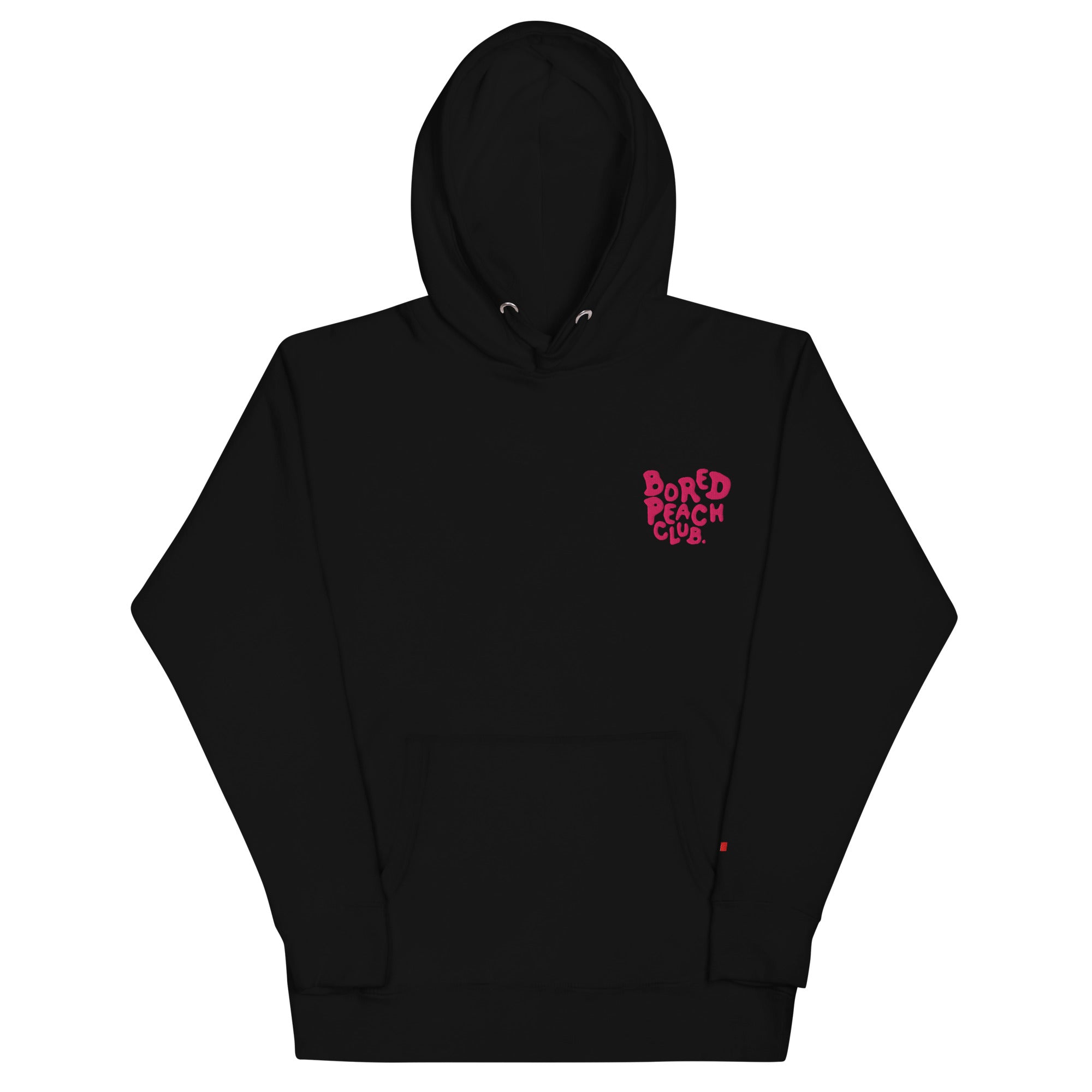 Black hoodie with the embroidered Bored Peach Club logo