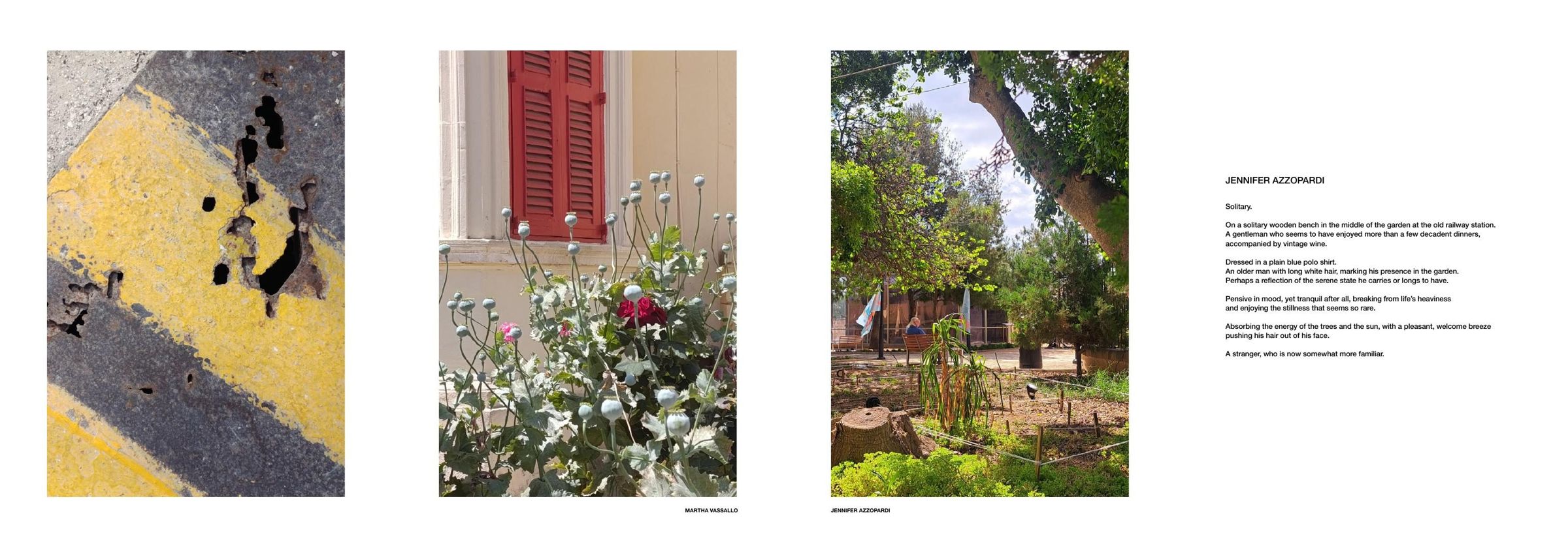 Zine spread: yellow road paint, red shutters and a garden, with Jennifer Azzopardi's text