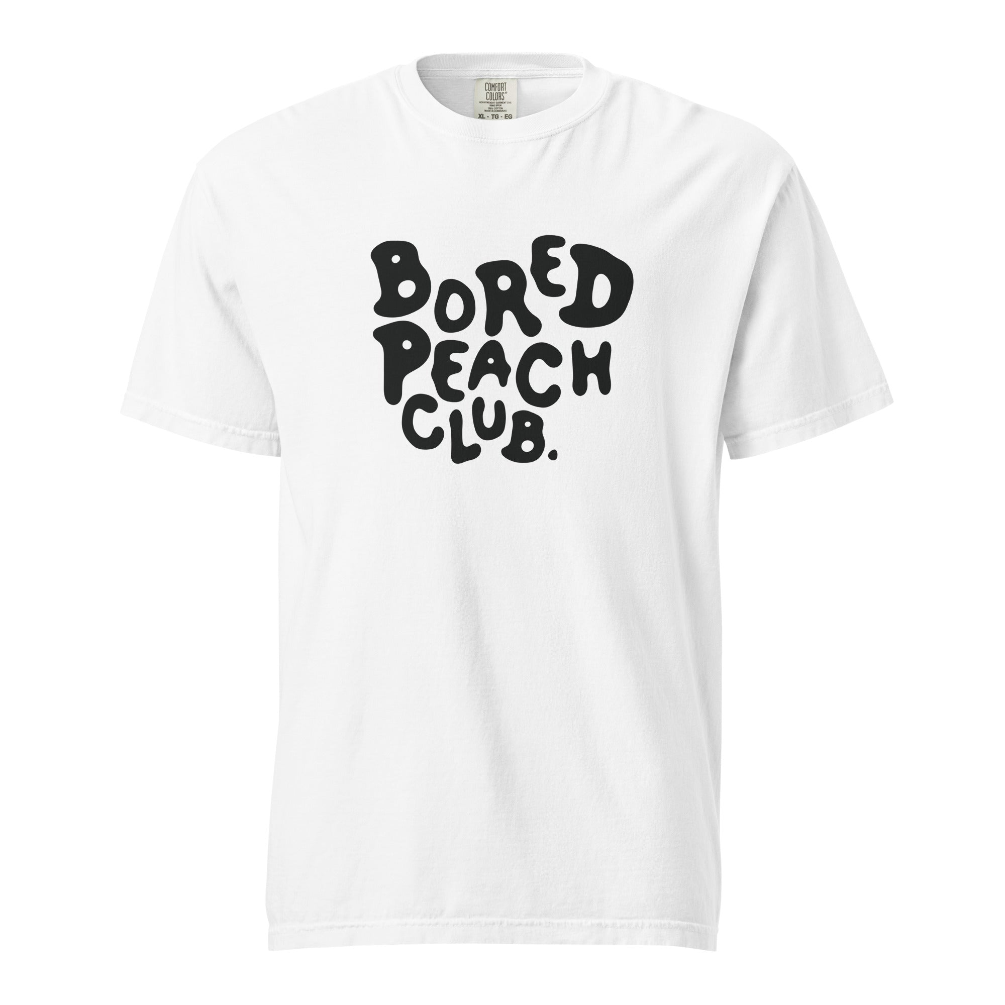White heavyweight t-shirt with the Bored Peach Club logo