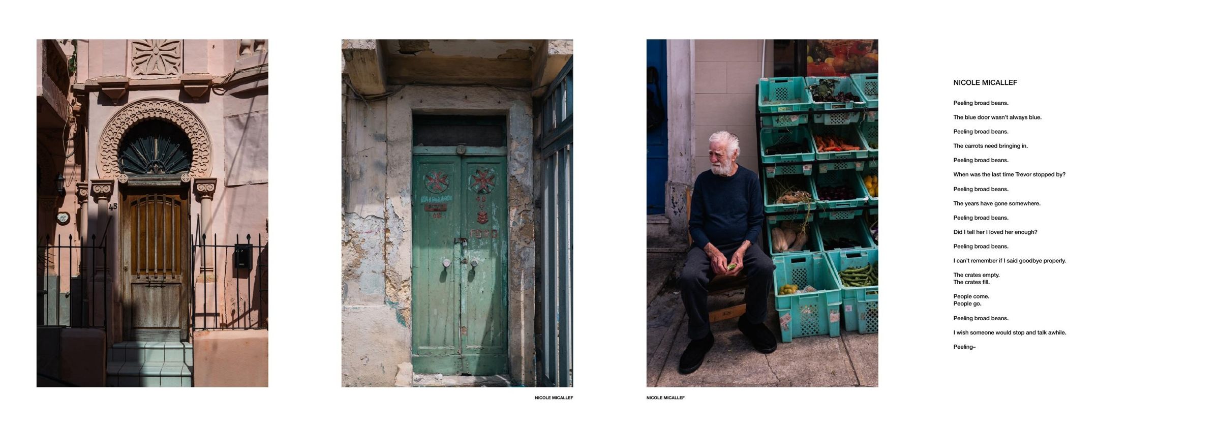 Zine spread: doorways and a man by vegetable crates, with Nicole Micallef's text